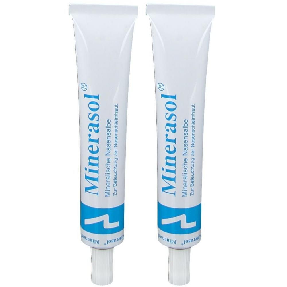 Zwei Tuben Minerasol mineralische Nasensalbe mit blauer Banderole und weißem Verschluss.