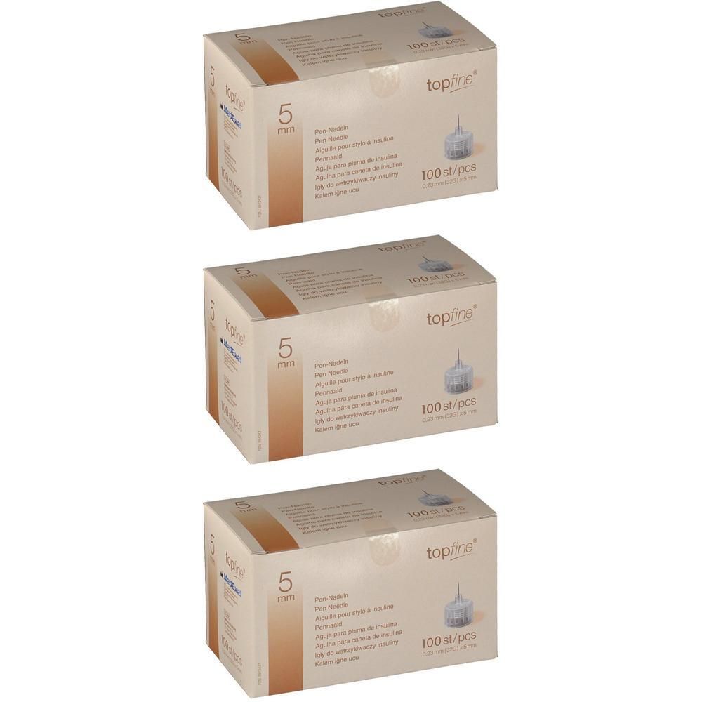 Drei Packungen topfine® Kanülen 32 G 5 mm, 100 Stück pro Packung.