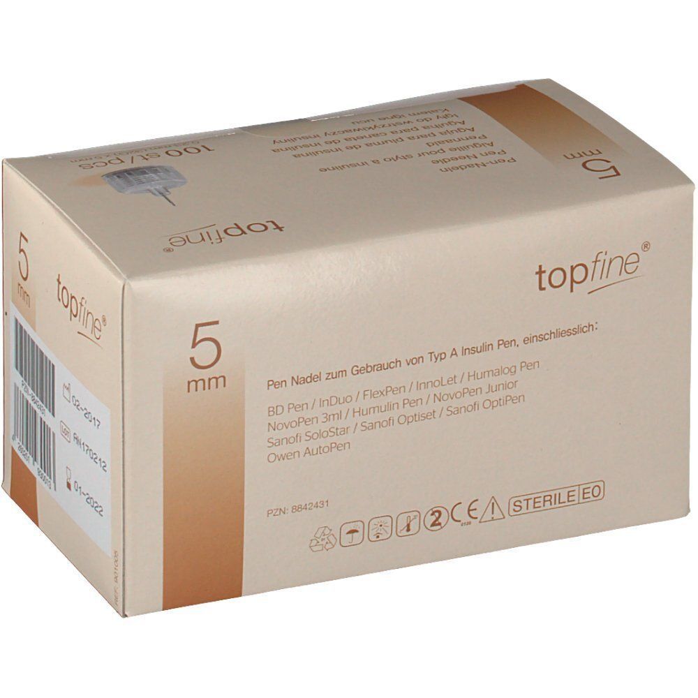 Packung topfine® Pen-Nadeln 32 G 5 mm, 100 Stück. Steril, EO.