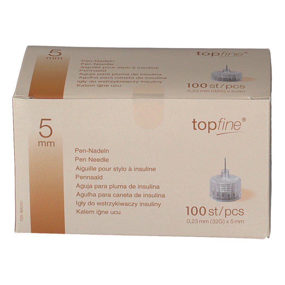 Packung topfine® Pen-Nadeln 32 G 5 mm, 100 Stück. Mit Abbildung einer Kanüle.