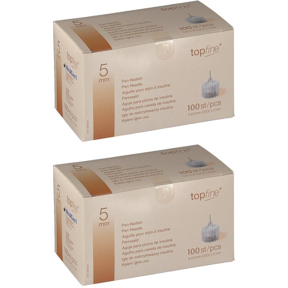 Zwei Packungen topfine® Pen-Nadeln 32 G 5 mm, 100 Stück pro Packung.