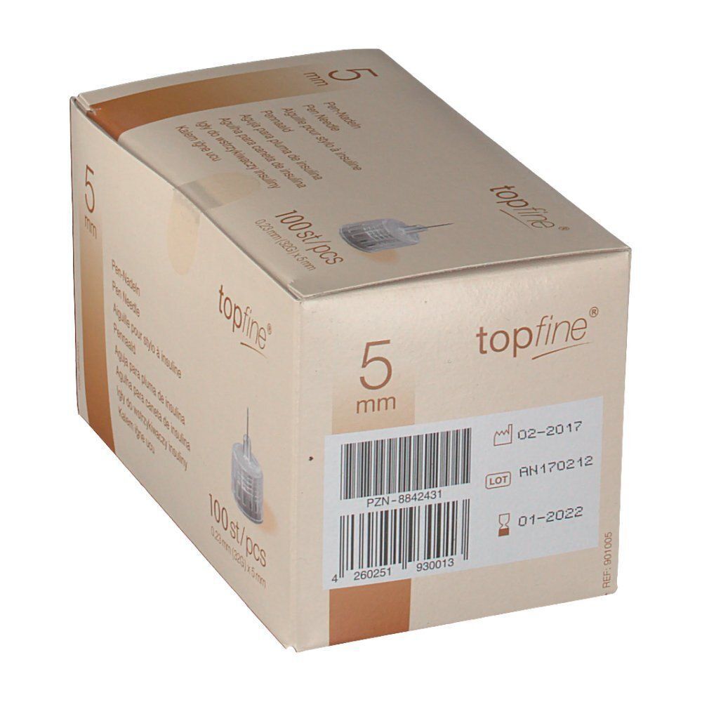Packung topfine® Pen-Nadeln 32 G 5 mm, 100 Stück. Mit Chargennummer und Verfallsdatum.