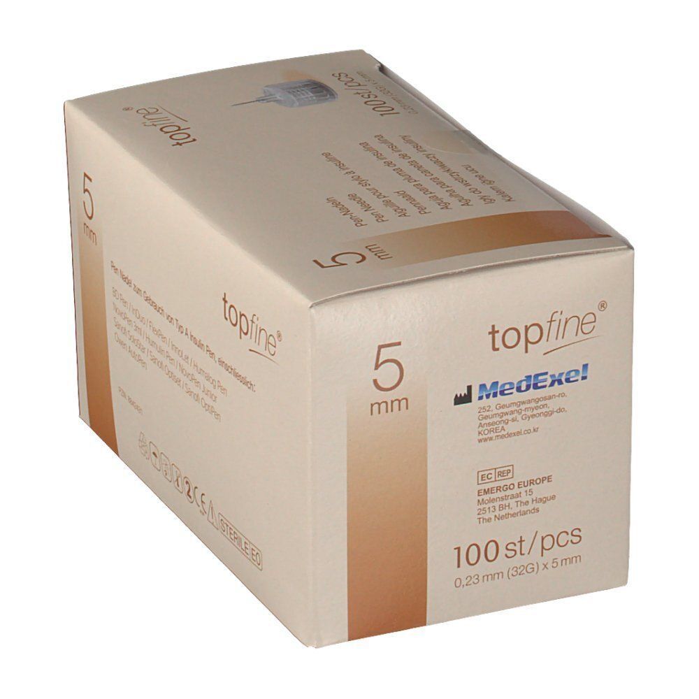 Packung topfine® Pen-Nadeln 32 G 5 mm, 100 Stück. Mit MedExe Logo und Herstellerangaben.