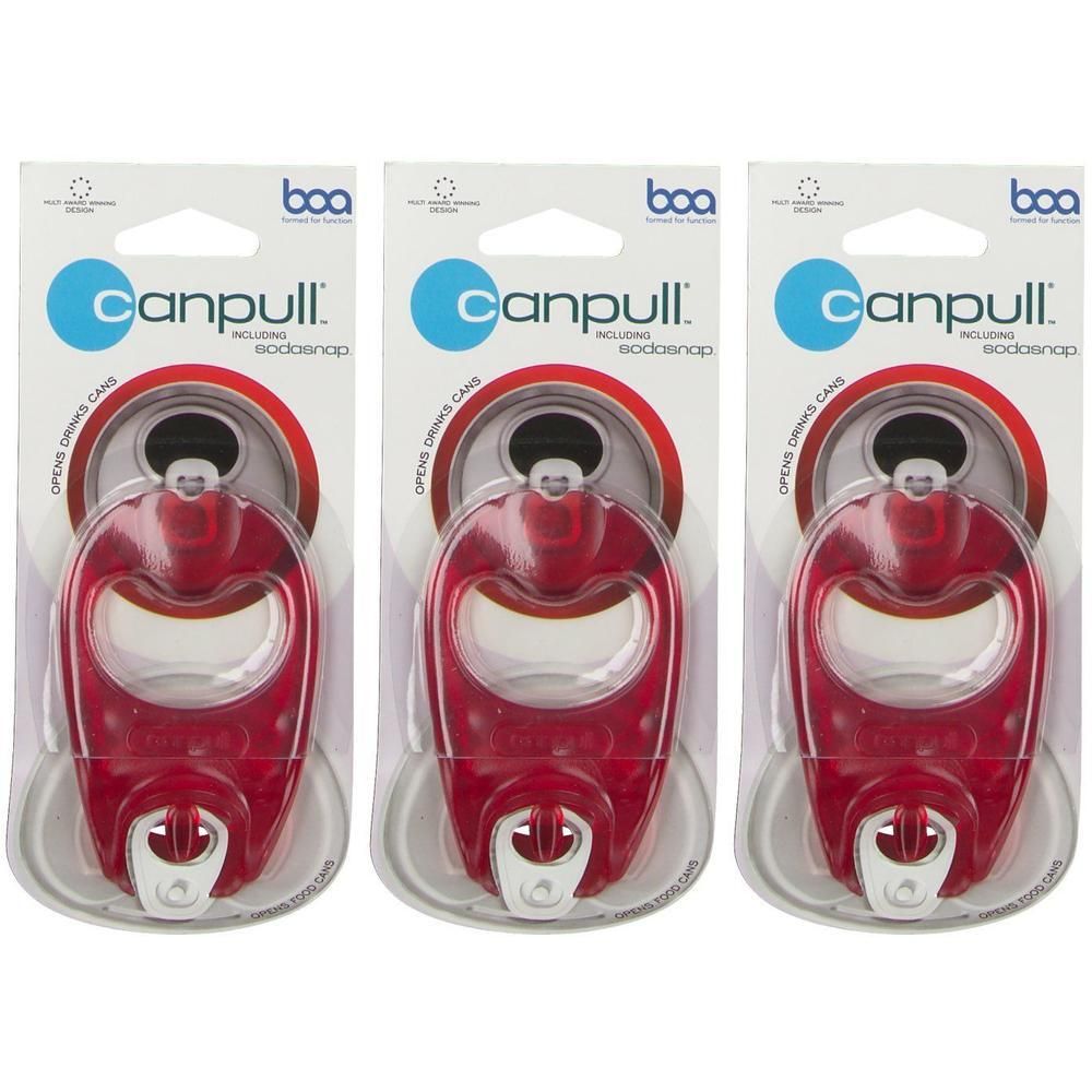 Drei rote canpull Dosenöffner in Blisterverpackung, jeweils mit integriertem Sodasnap.