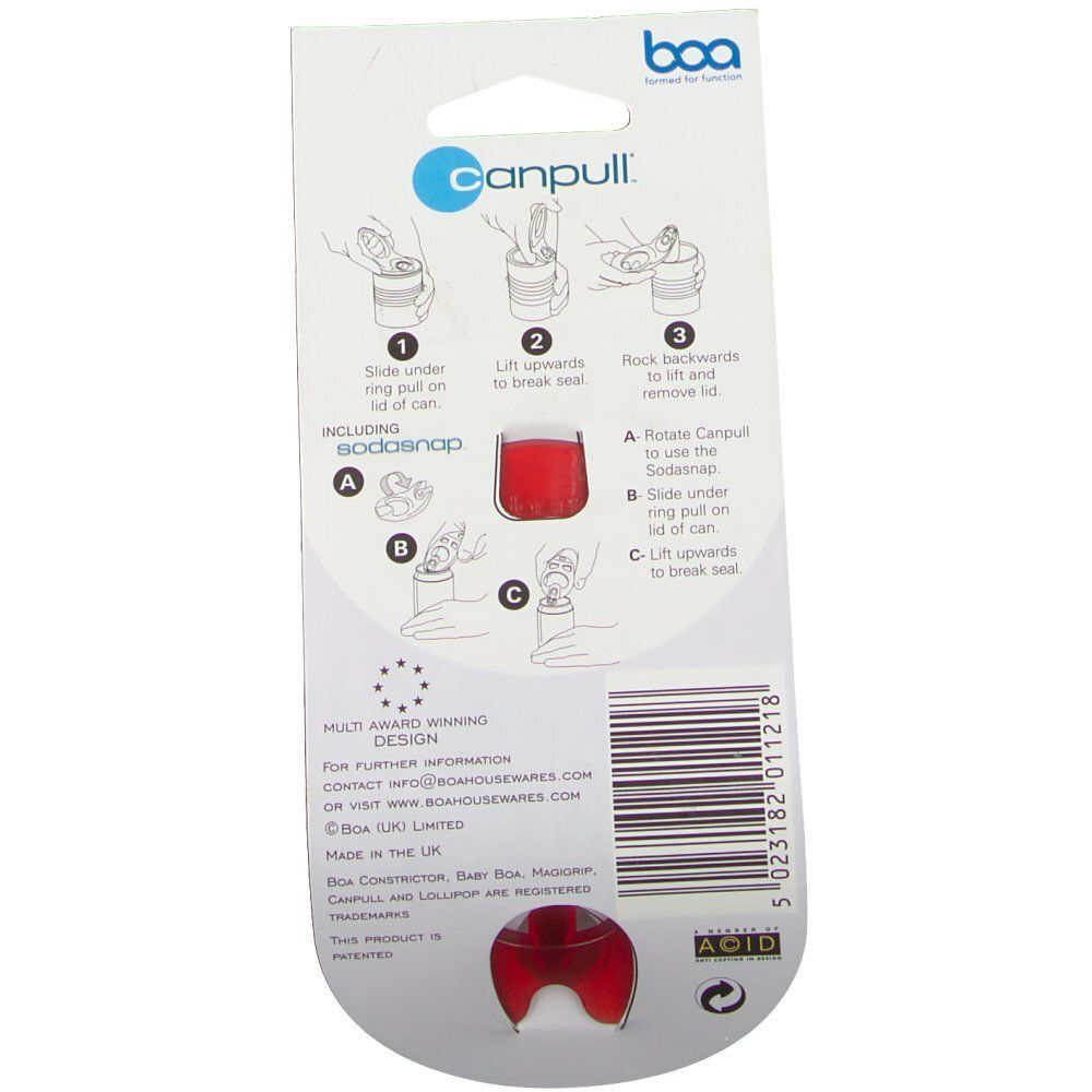 Rückseite einer canpull Dosenöffner-Verpackung mit Gebrauchsanleitung und Produktinformationen.