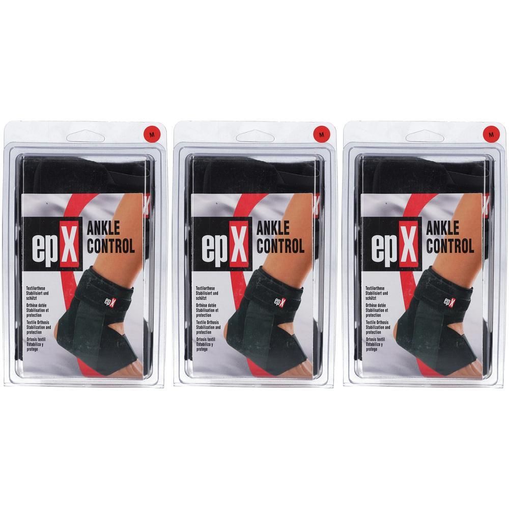 Drei epX Ankle Control Bandagen in Einzelverpackung. Schwarzes Material mit rotem Akzent.