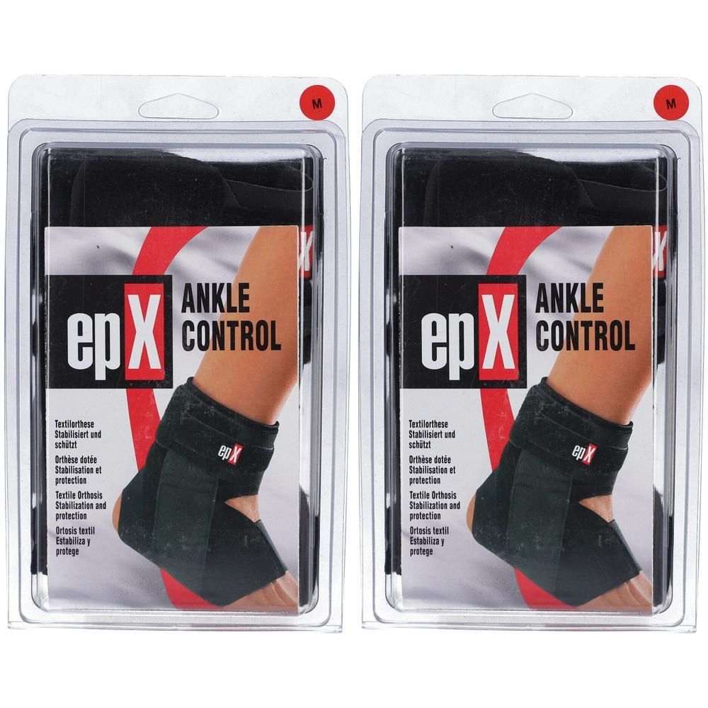Zwei epX Ankle Control Bandagen in Größe M, schwarz, in Blisterverpackung.