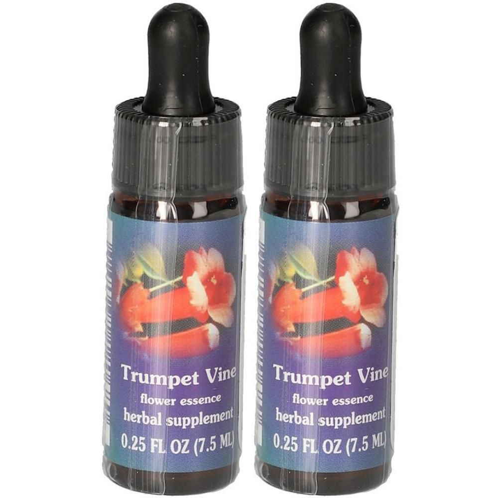 Zwei kleine braune Glasflaschen mit Pipettenverschluss, gefüllt mit Trumpet Vine Blütenessenz.
