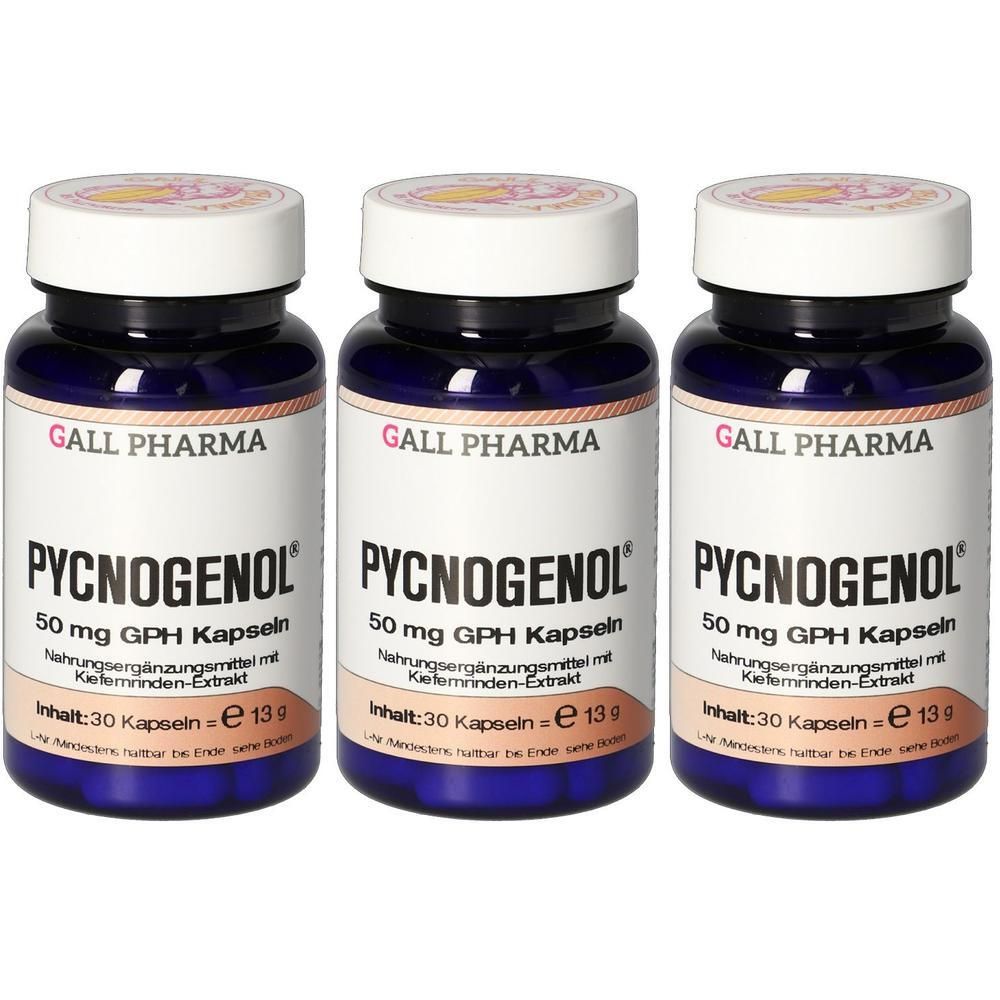 Drei Flaschen Pycnogenol 50 mg GPH Kapseln mit Pinienrindenextrakt. Jede Flasche enthält 30 Kapseln.