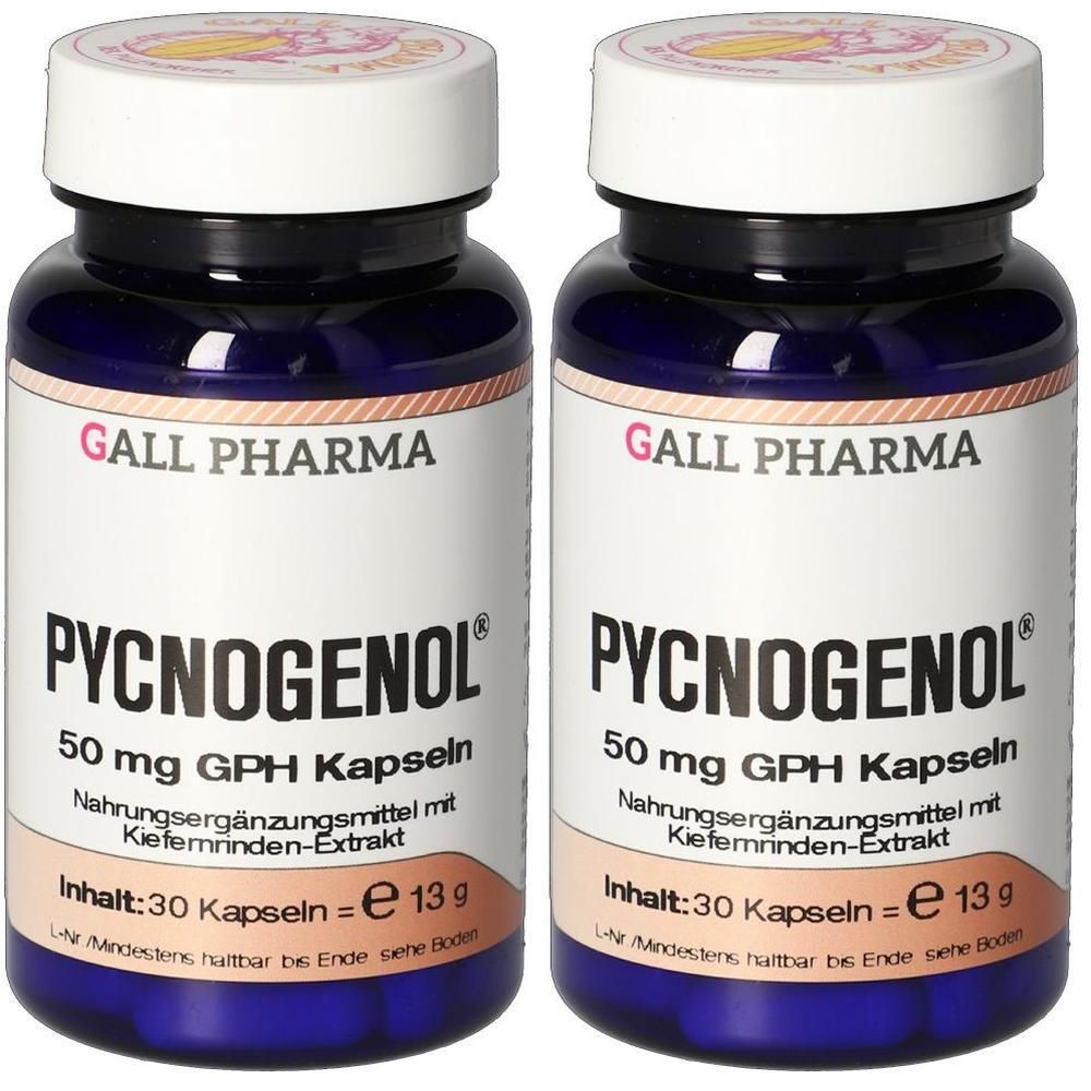 Zwei Flaschen Pycnogenol® 50 mg GPH Kapseln, Nahrungsergänzungsmittel mit Kiefernrinden-Extrakt.
