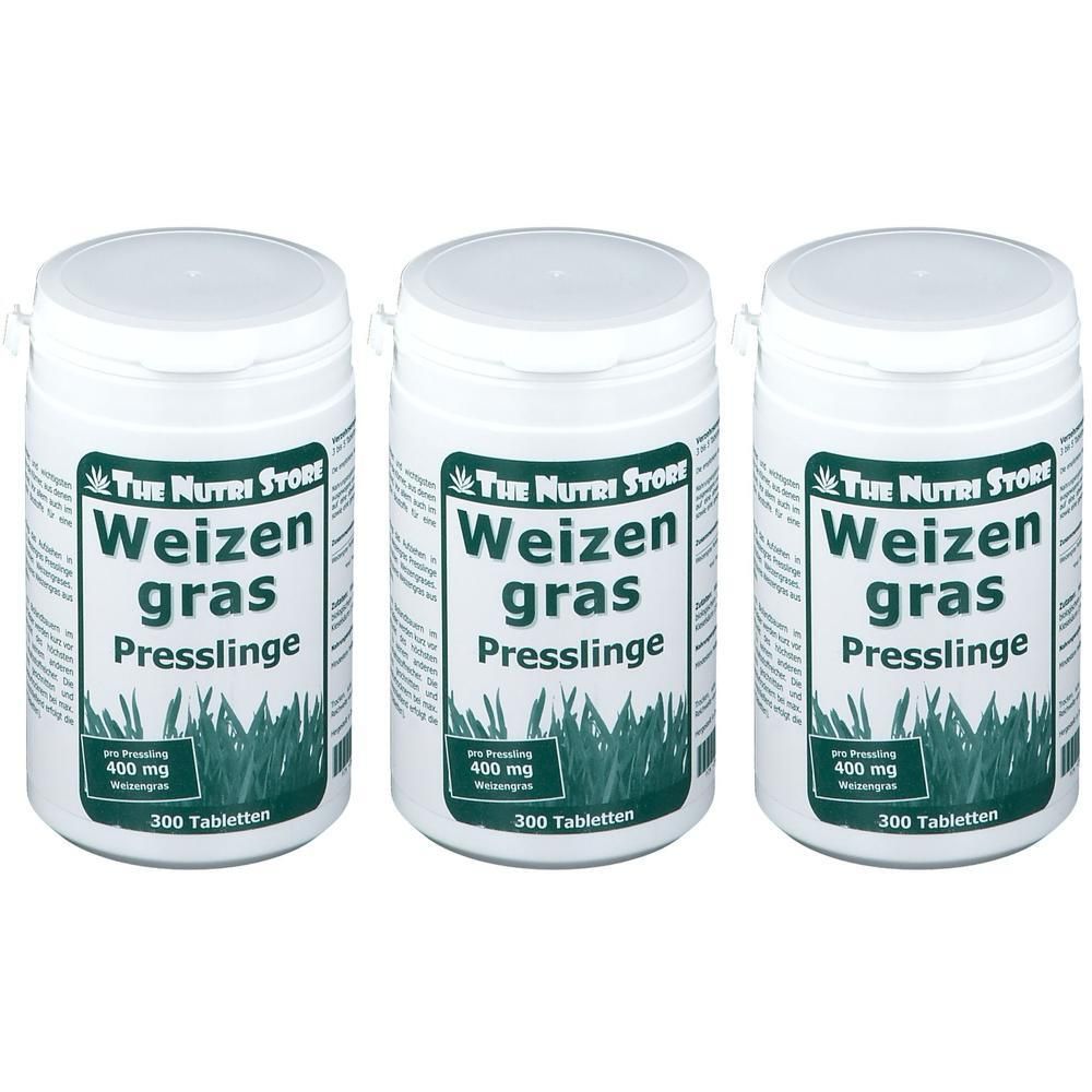 Drei Behälter Weizengras Presslinge von The Nutri Store, je 300 Tabletten.