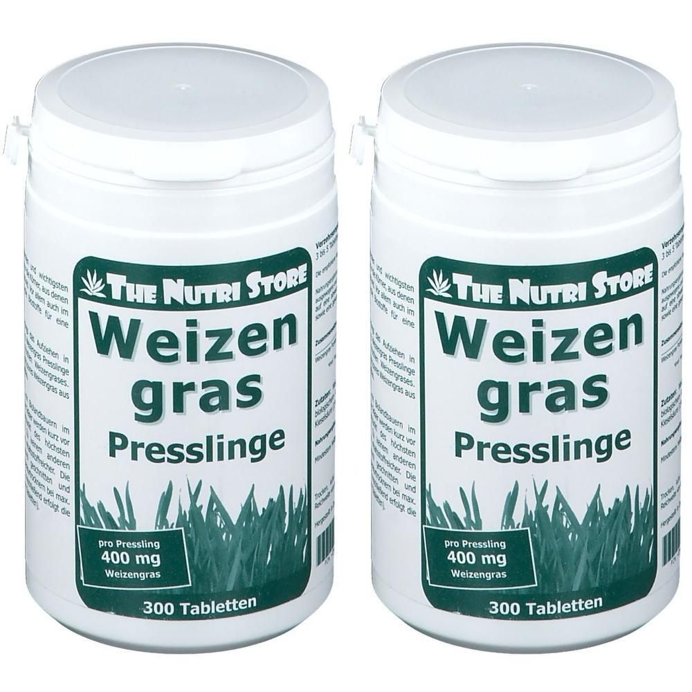 Zwei Dosen Weizengras Presslinge von The Nutri Store, je 300 Tabletten.