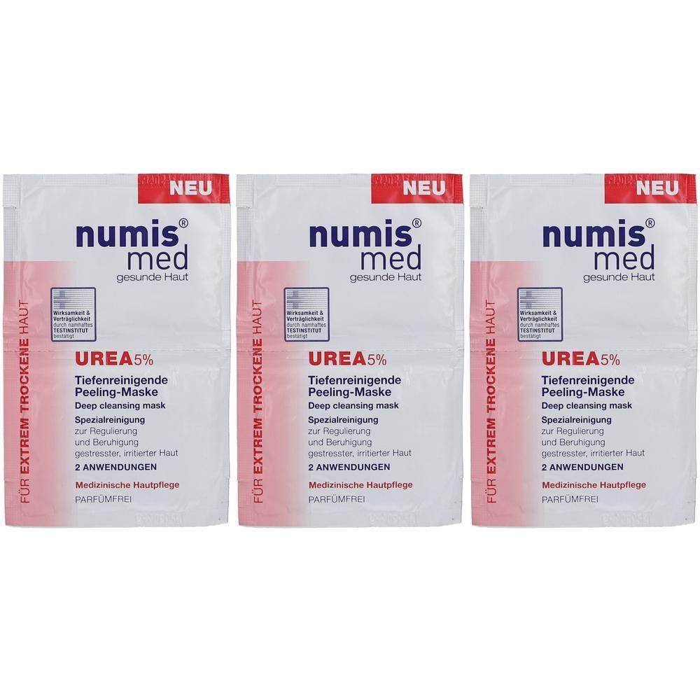 Drei Packungen numis med Peeling-Maske mit 5% Urea für extrem trockene Haut. Medizinische Hautpflege.