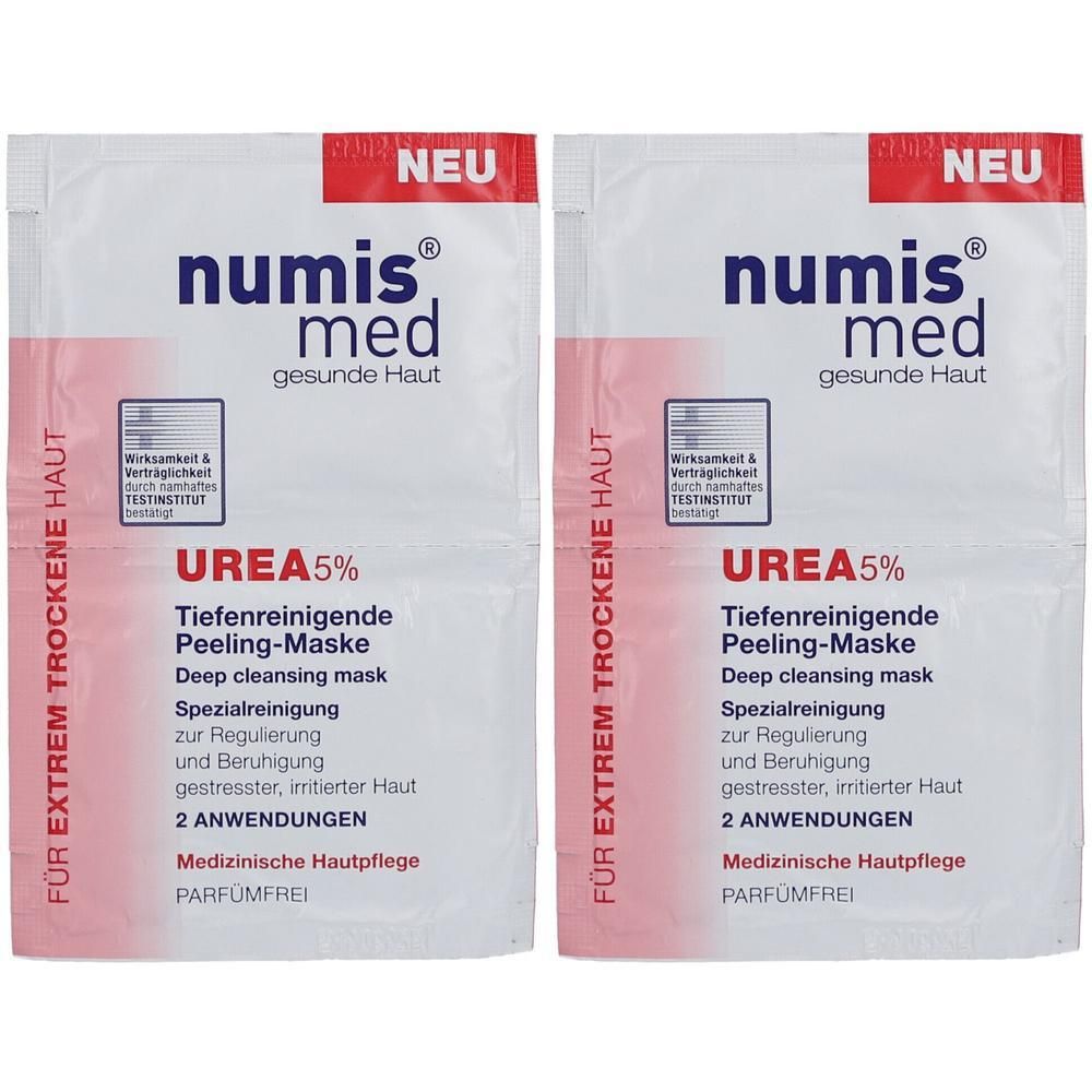 Zwei numis med Peeling-Masken mit 5% Urea für extrem trockene Haut. Medizinische Hautpflege, parfümfrei.