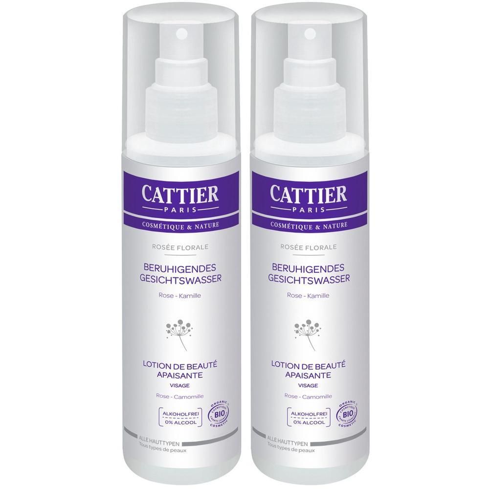 Zwei Sprühflaschen Cattier Beruhigendes Gesichtswasser Rosée Florale mit Rose & Kamille.