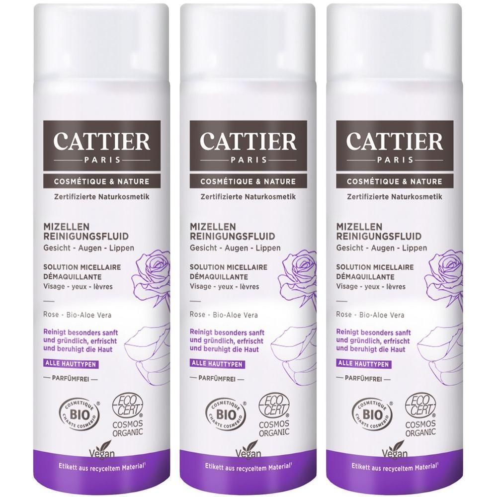 Drei Flaschen Cattier Mizellen Reinigungsfluid mit Rosen- und Aloe Vera Extrakt. Zertifizierte Naturkosmetik.