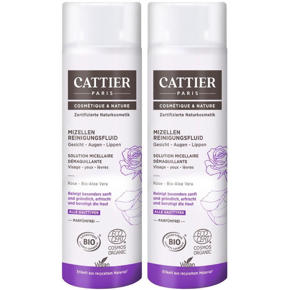 Zwei Flaschen Cattier Mizellen Reinigungsfluid mit Rosen- und Aloe Vera-Extrakt. Zertifizierte Naturkosmetik.