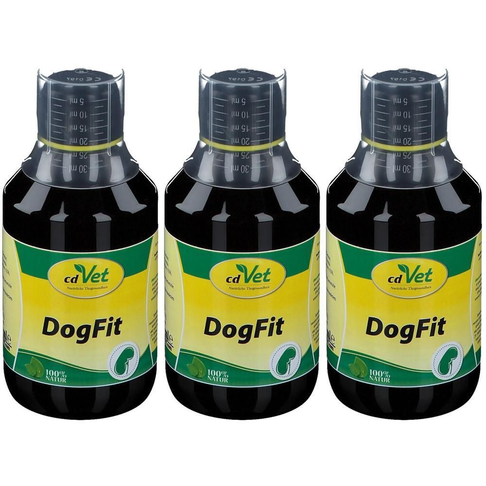 Drei Flaschen cdVet DogFit mit Messbecher-Verschluss. Dunkle Flüssigkeit, gelbes Etikett mit grünen Akzenten.