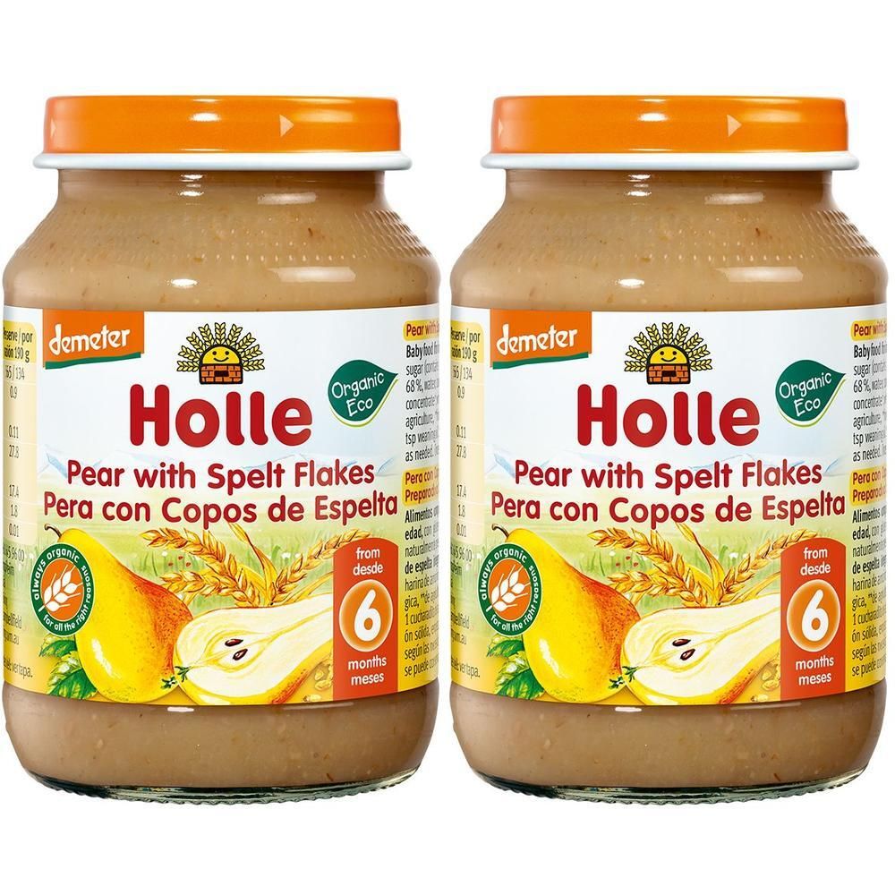 Zwei Gläser Holle Birne mit Dinkelflocken Babynahrung, ab 6 Monaten.