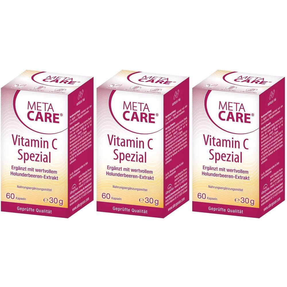 Drei Schachteln META-CARE Vitamin C Spezial mit je 60 Kapseln und 30g Inhalt.