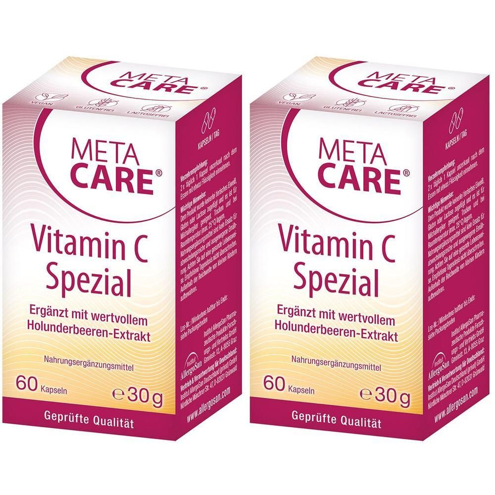 Zwei Schachteln META-CARE® Vitamin C Spezial, je 60 Kapseln.