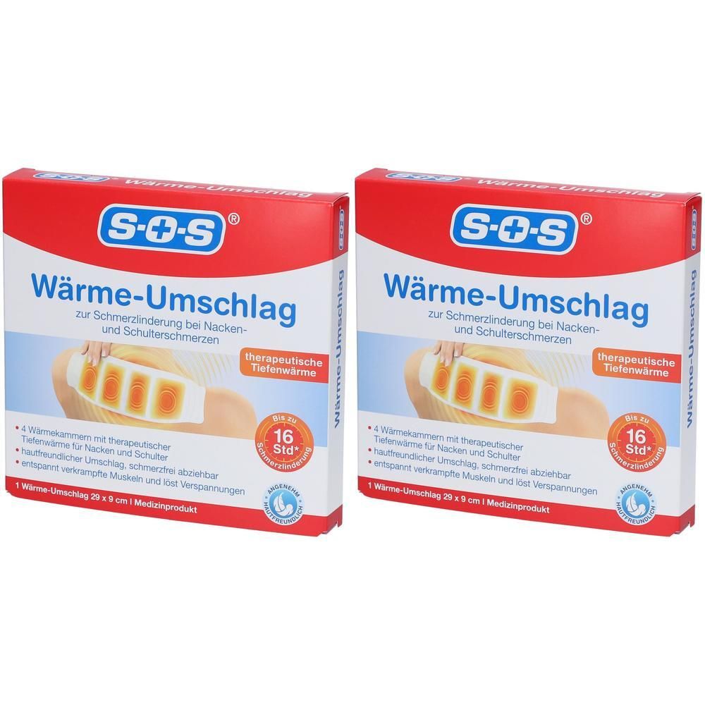 Zwei Packungen SOS Wärme-Umschlag mit therapeutischer Tiefenwärme zur Schmerzlinderung bei Nacken- und Schulterschmerzen.