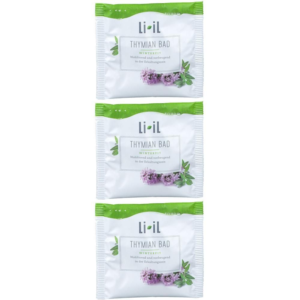 Drei Beutel Li-iL Thymian Bad Winterfit mit Kräutern und Blüten.