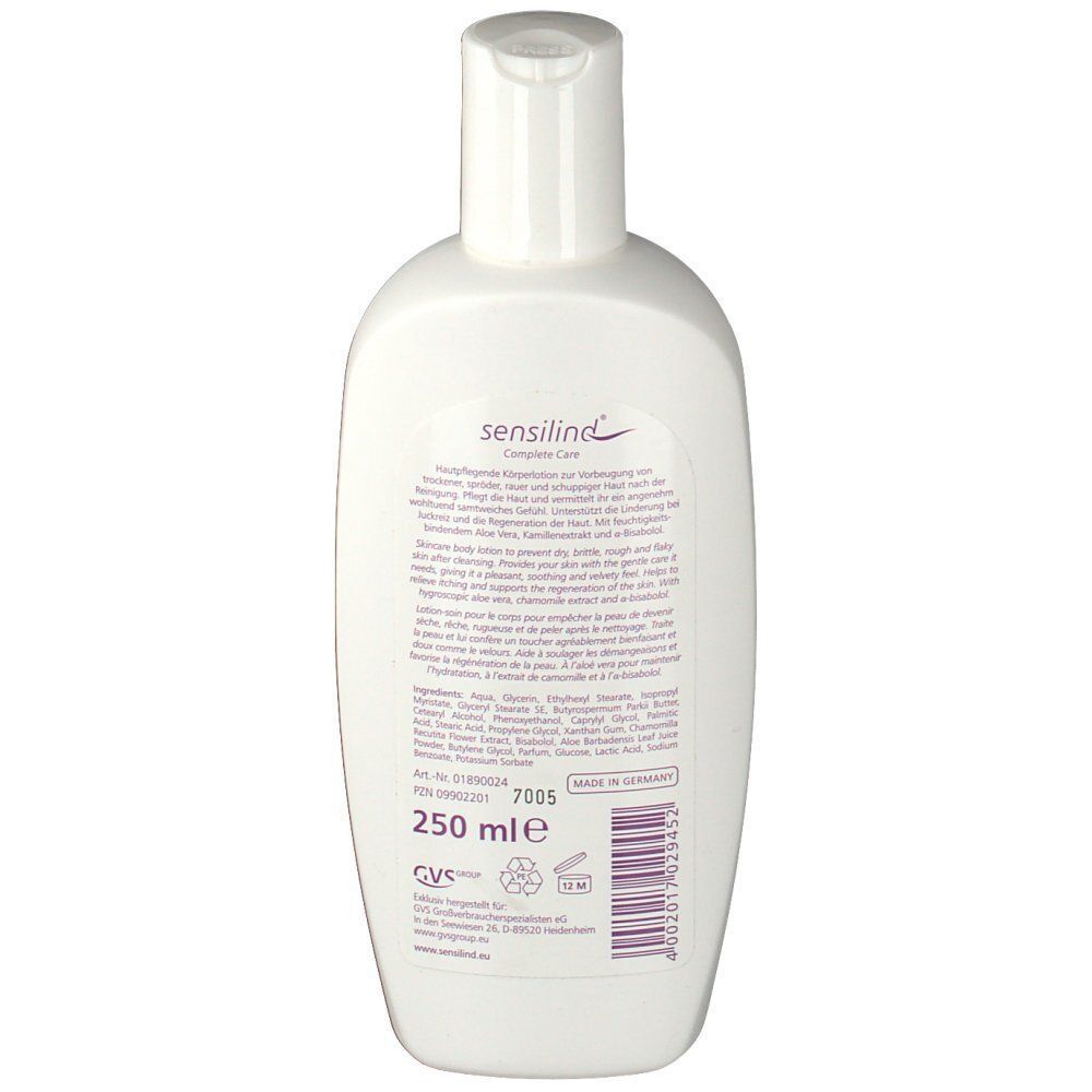 Rückseite einer weißen Flasche sensilind Körperlotion mit detaillierten Produktinformationen und 250 ml Angabe.