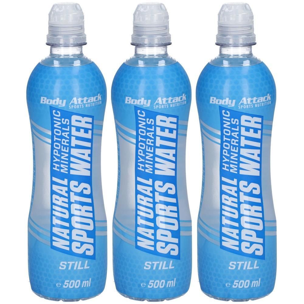 Drei Flaschen Body Attack Natural Sports Water, 500 ml.