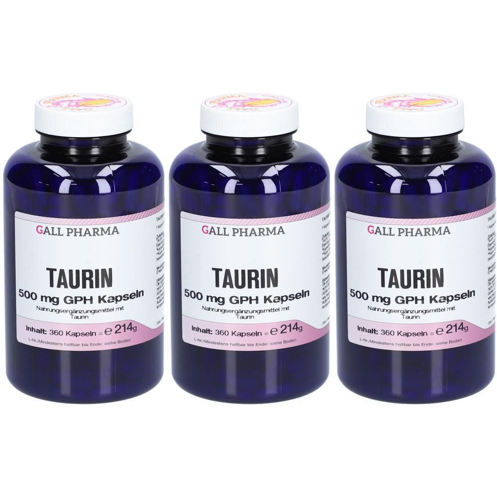 Drei Flaschen Gall Pharma Taurin 500 mg GPH Kapseln. Dunkelblaue Behälter mit weißen Etiketten.