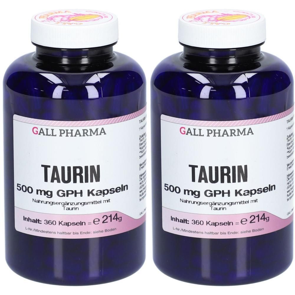 Zwei Flaschen Gall Pharma Taurin 500 mg GPH Kapseln, Nahrungsergänzungsmittel.