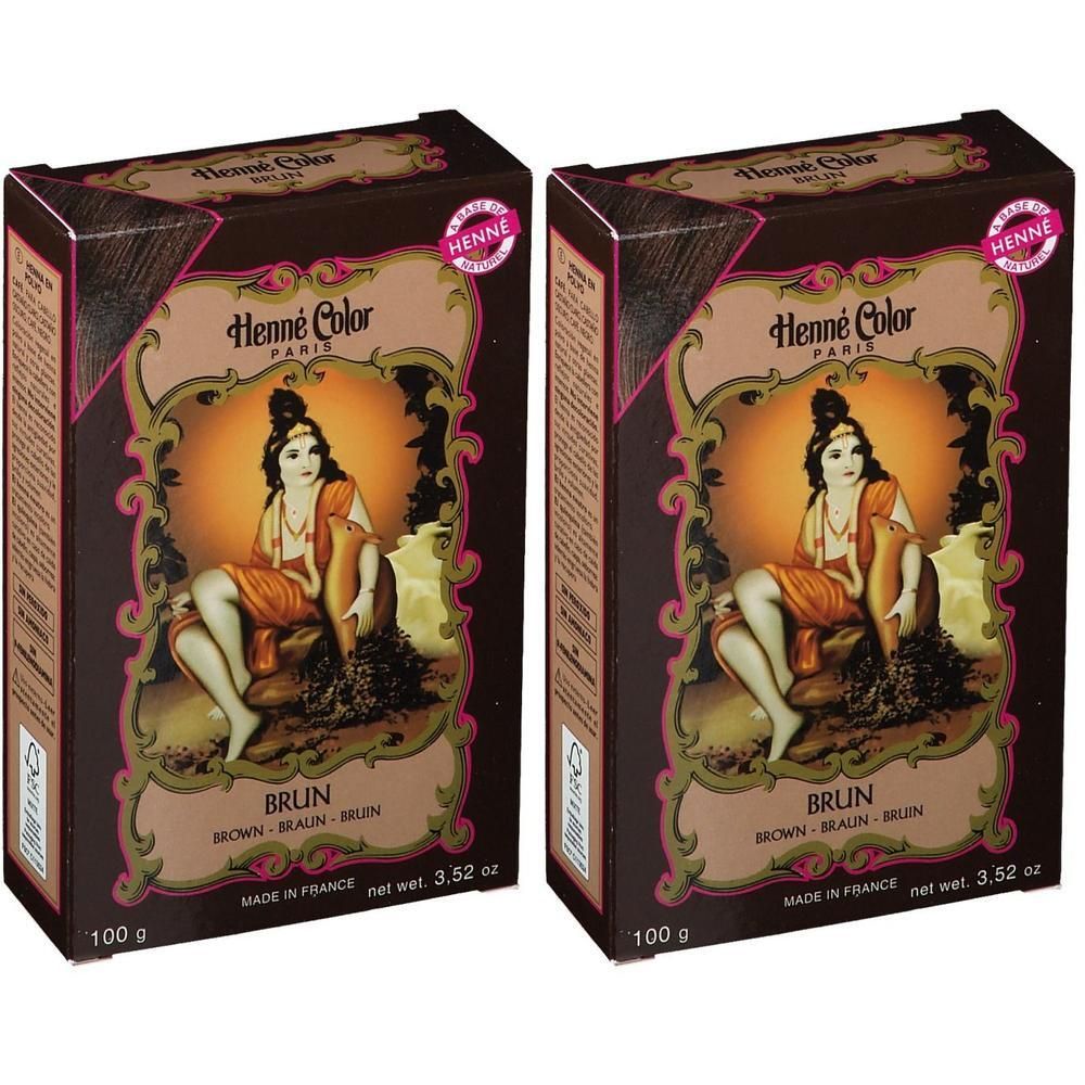 Zwei Packungen Henna Pulver Braun, je 100g. Vorderseite zeigt eine Frau in traditioneller Kleidung.