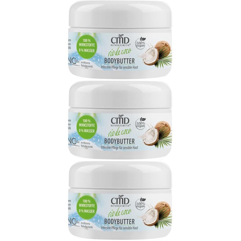 Drei weiße Tiegel mit CMD Naturkosmetik Bodybutter, Rio de Coco. 100% Wirkstoffe, 0% Wasser.