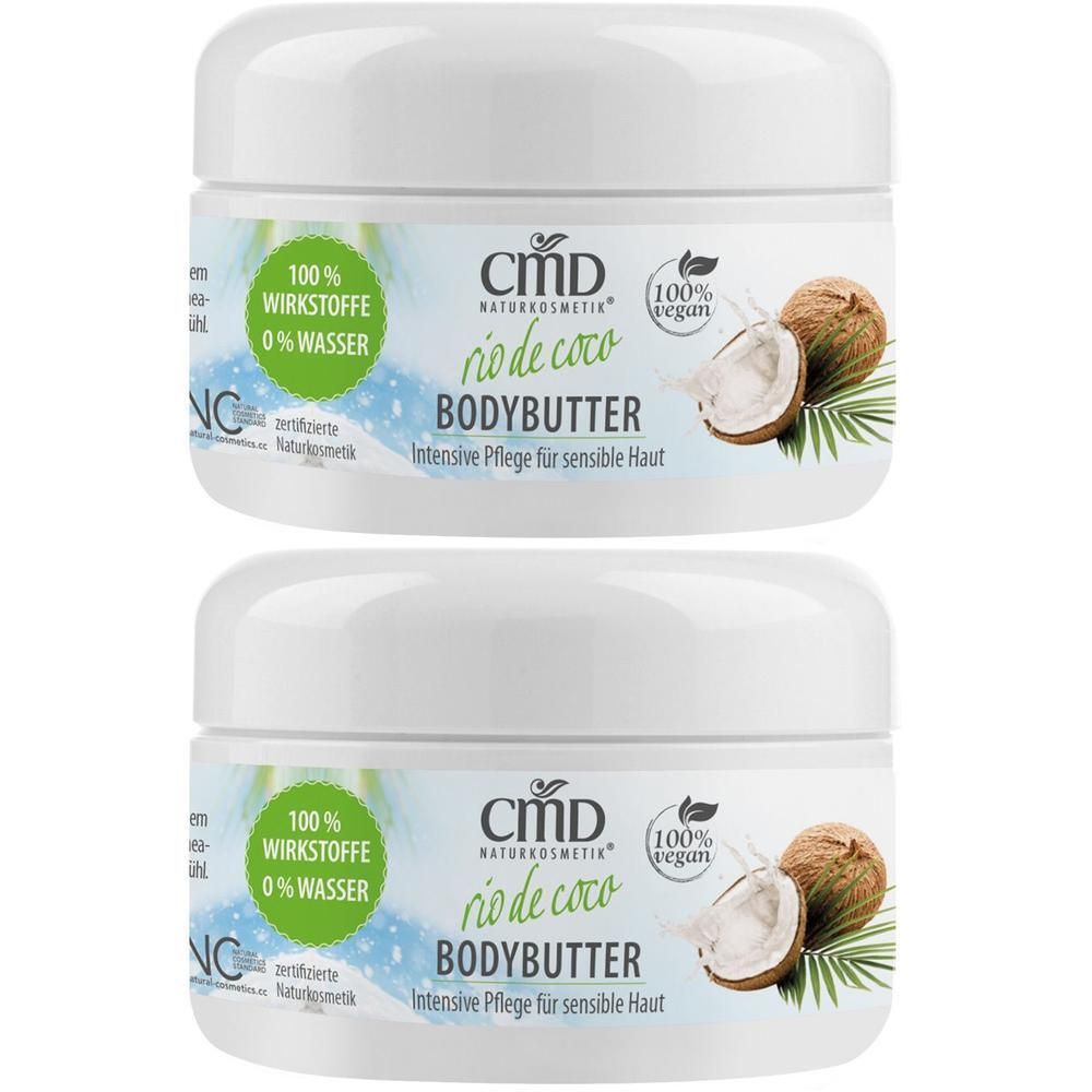 Zwei CMD Naturkosmetik Bodybutter Tiegel mit Kokosmotiv. 100% Wirkstoffe, 100% vegan.