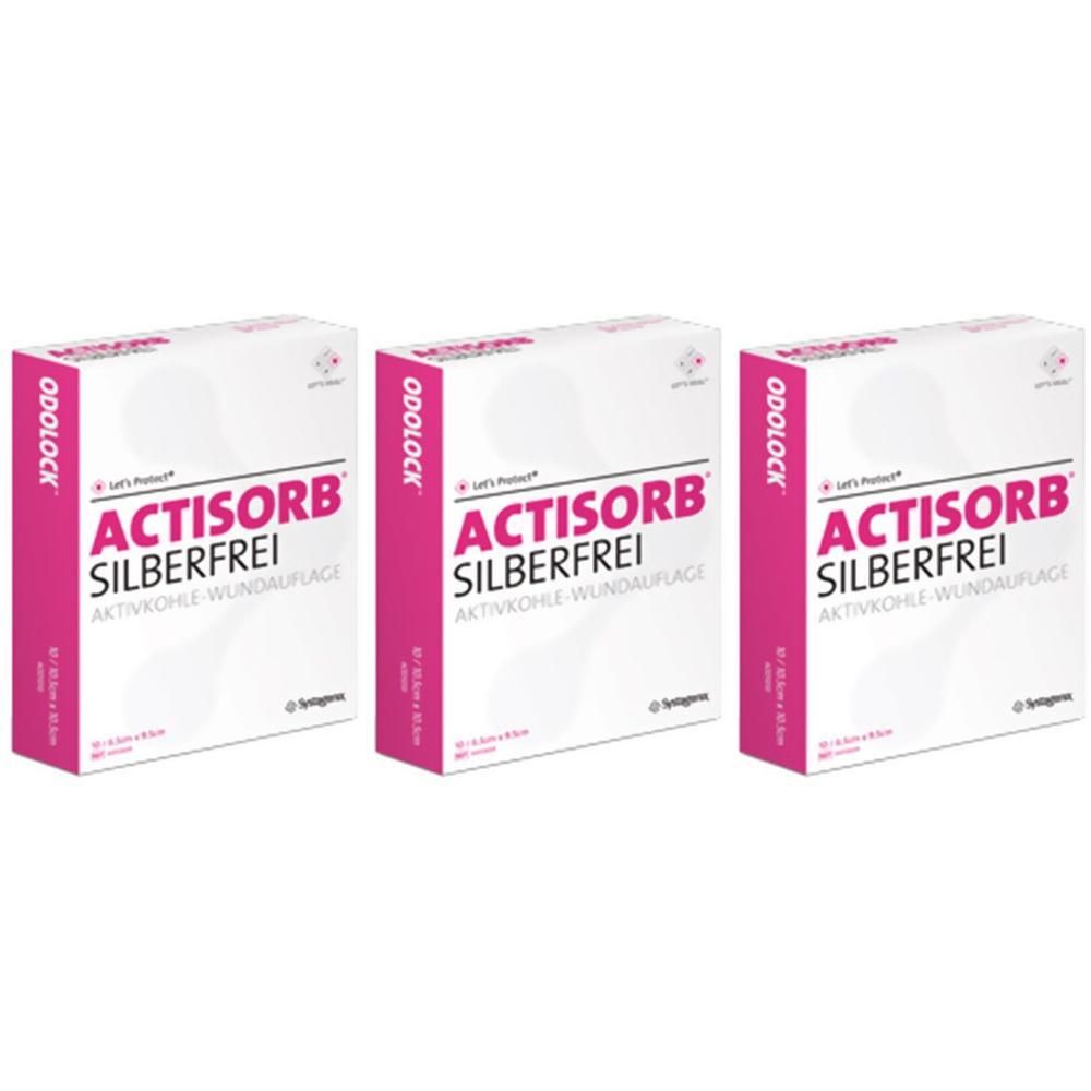 Actisorb Silberfrei 6,5x9,5 cm Aktivkohle x3 3x10 St Kompressen