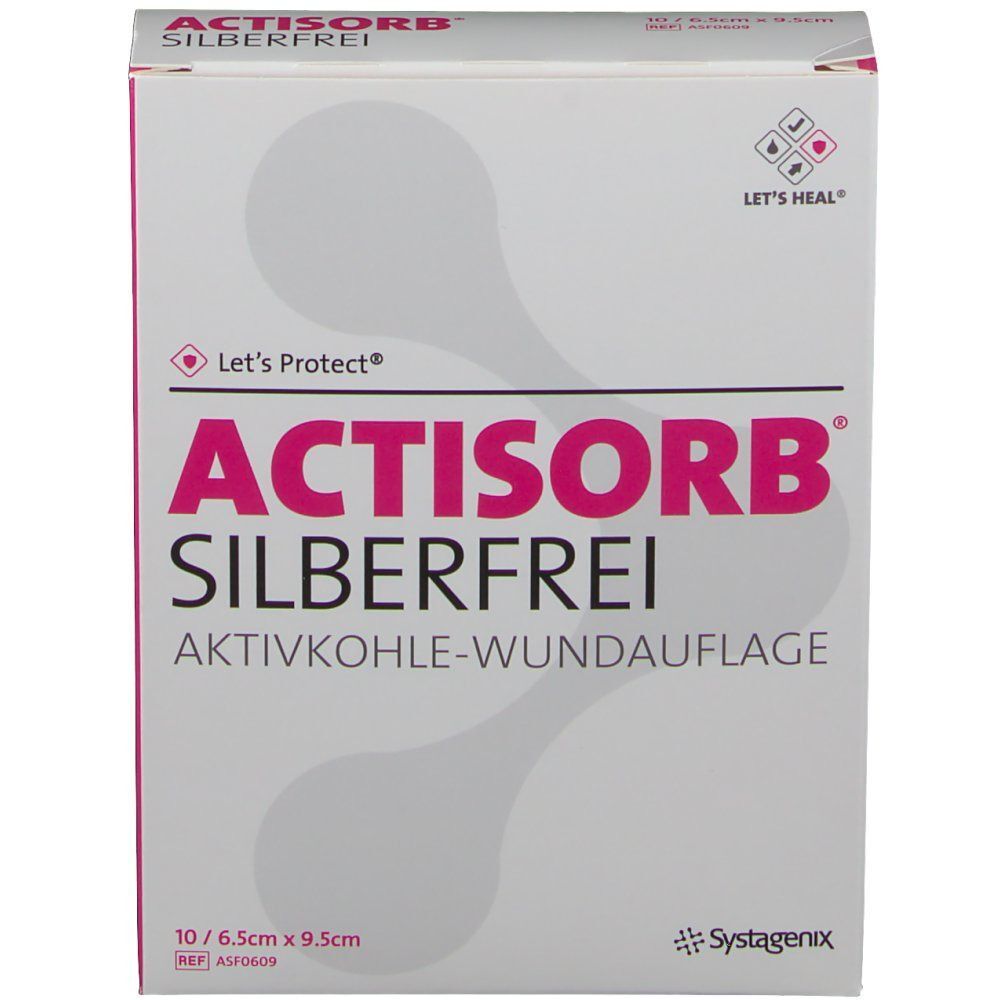 Eine Packung ACTISORB® SILBERFREI Aktivkohle-Wundauflage, 6,5 x 9,5 cm.
