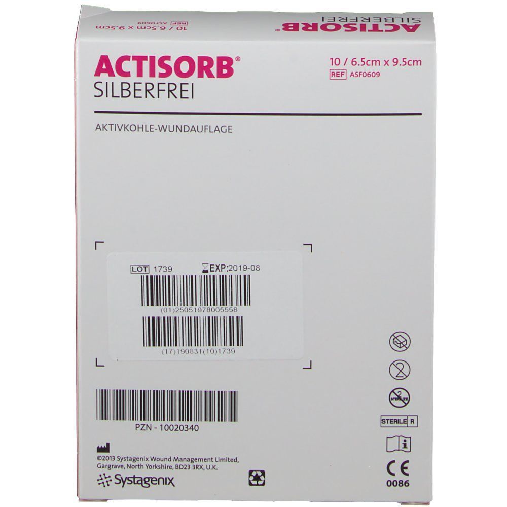 Rückseite einer Packung ACTISORB® SILBERFREI Aktivkohle-Wundauflage mit Chargen- und Verfallsdatum.