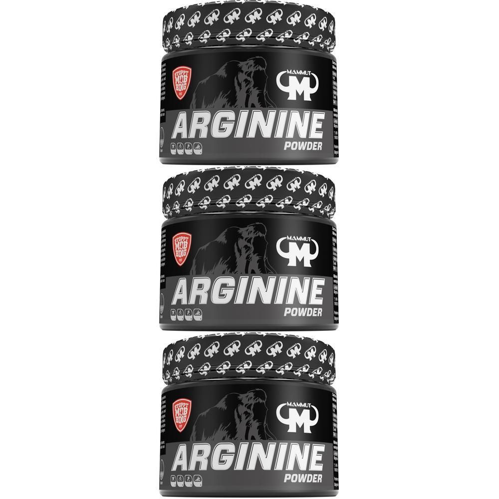 Drei schwarze Behälter Mammut L-Arginin Pulver mit silberner Schrift und Logo.