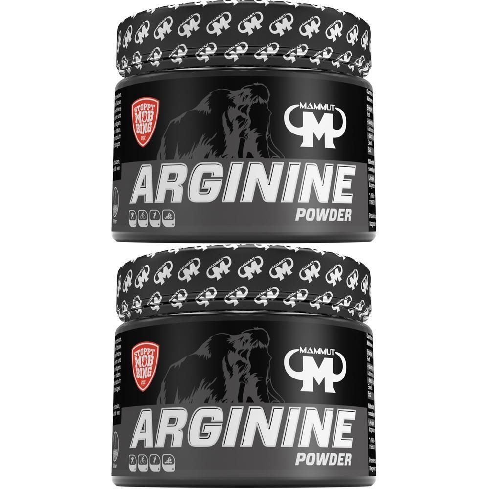 Zwei schwarze Behälter Mammut L-Arginin Pulver mit Gorilla-Logo und weißer Schrift.