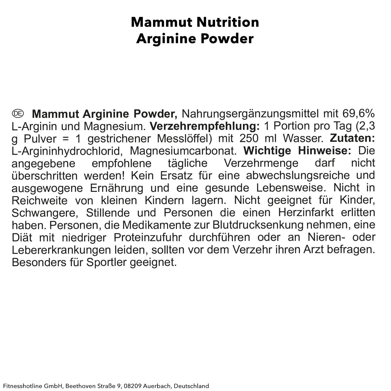 Rückseite einer Mammut L-Arginin Pulver Packung mit Nährwertangaben und Anwendungshinweisen.