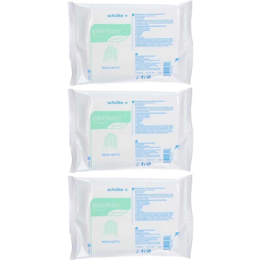 Drei Packungen Schülke esemtan® Waschhandschuhe, einzeln verpackt.