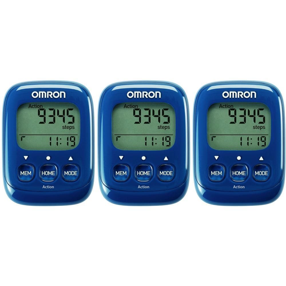 Drei blaue OMRON Schrittzähler mit LCD-Anzeige für Schritte und Uhrzeit.