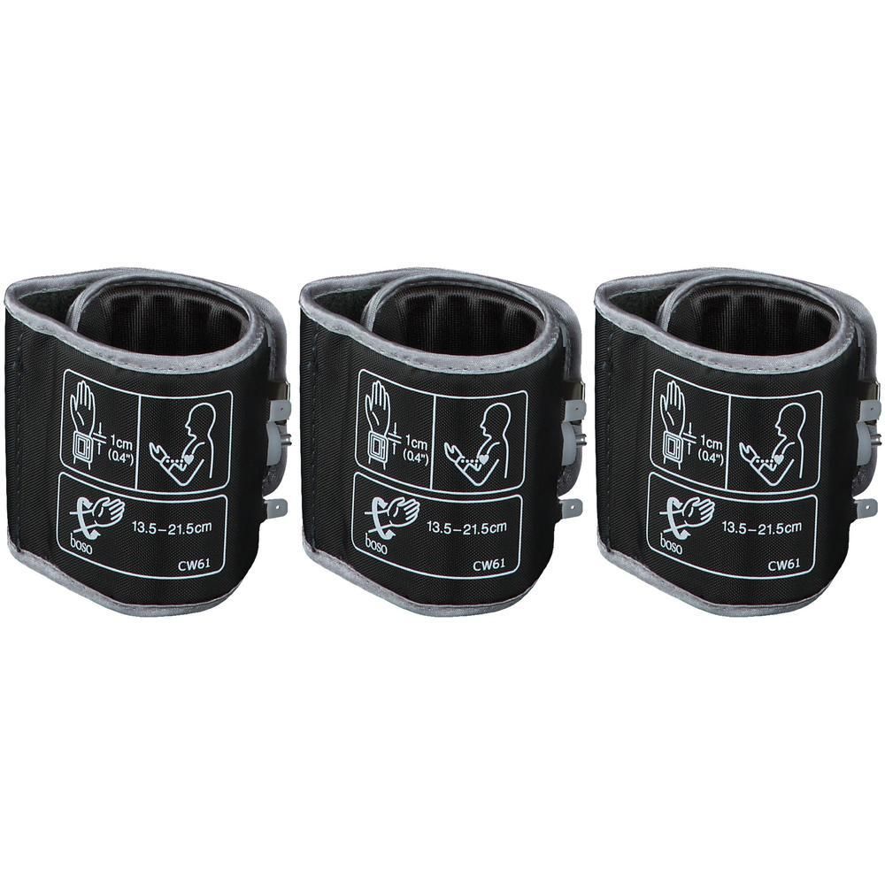 Drei Manschetten für Blutdruckmessgeräte, schwarz, mit Größenangabe 13,5-21,5 cm.