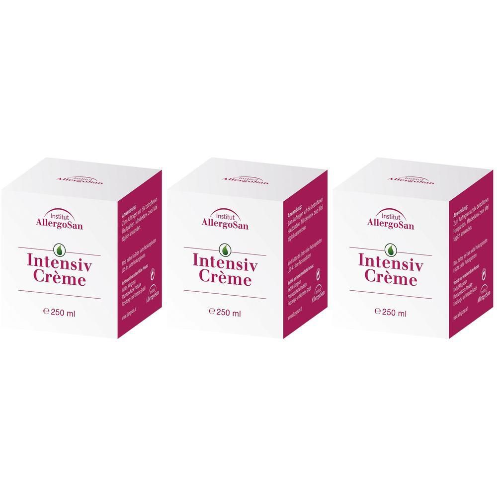 Drei weiße Kartons mit Allergosan Intensiv Creme, jeweils 250 ml.