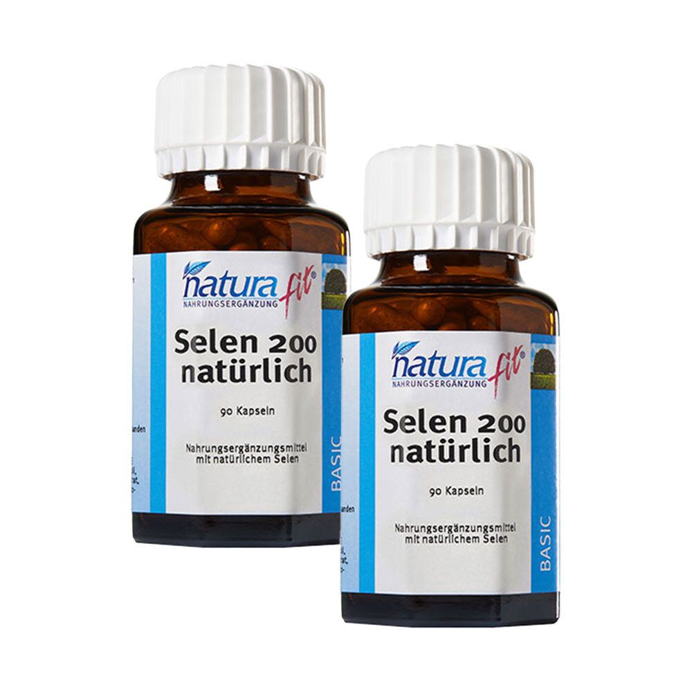 Zwei Flaschen naturafit® Selen 200 natürlich, Nahrungsergänzungsmittel mit 90 Kapseln.