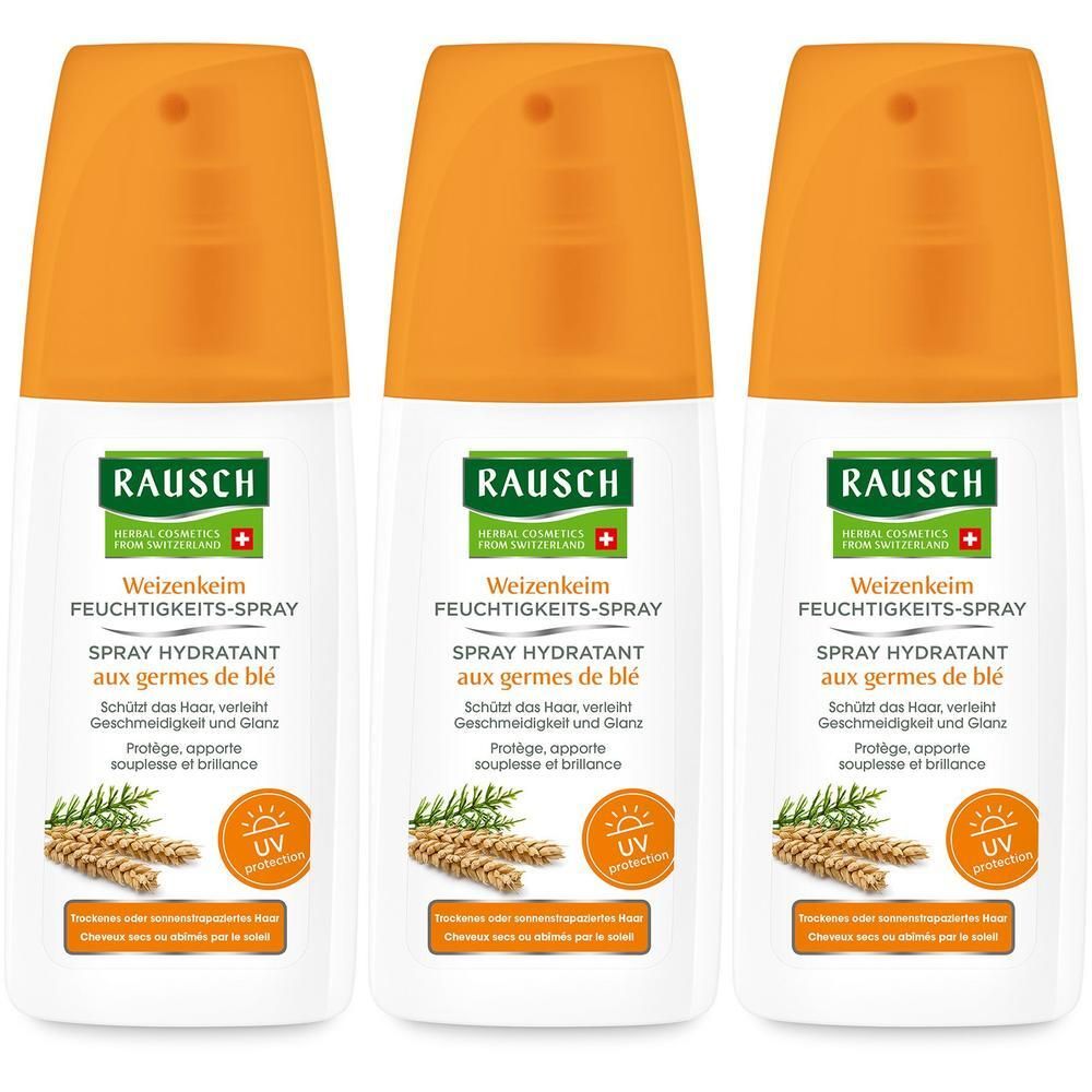 Drei RAUSCH Weizenkeim Feuchtigkeits-Spray Flaschen mit orangefarbenen Verschlüssen, auf weißem Hintergrund.