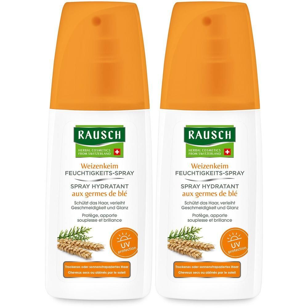 Zwei RAUSCH Weizenkeim Feuchtigkeits-Sprays mit orangefarbenen Verschlüssen, auf weißem Hintergrund.