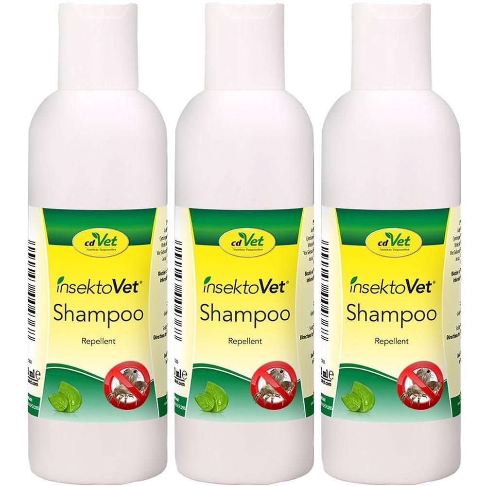 Drei weiße Flaschen cd Vet insektoVet® Shampoo mit gelb-grünem Etikett, das Insekten zeigt.