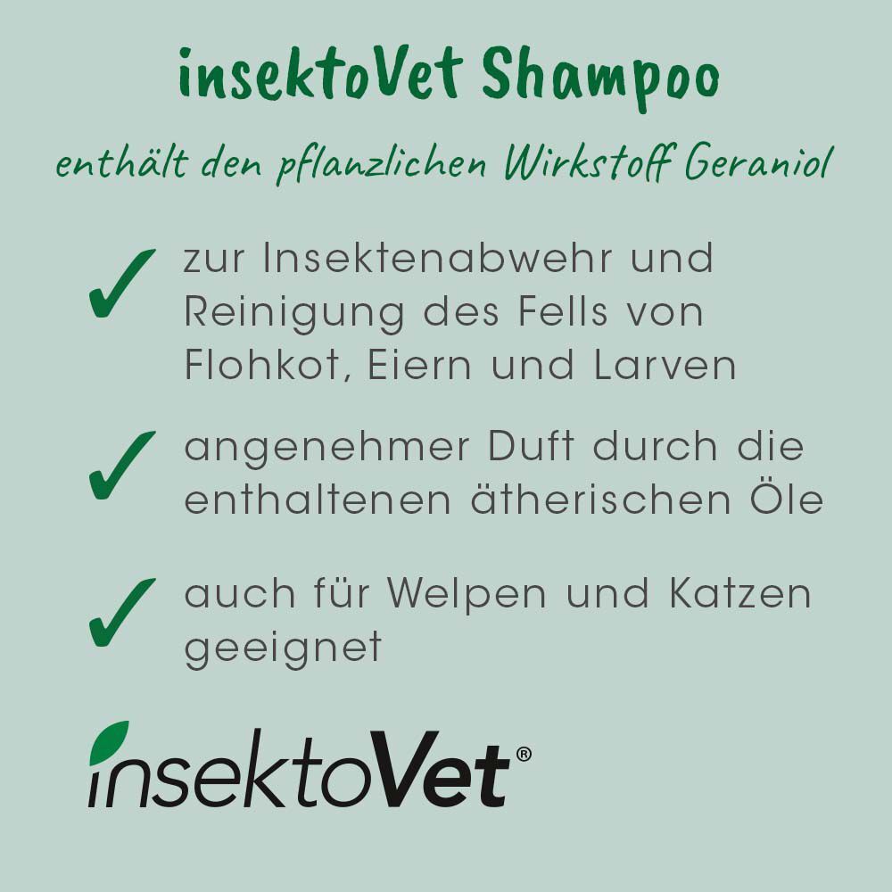 InsektoVet Shampoo enthält Geraniol zur Insektenabwehr, Reinigung, für Welpen und Katzen.