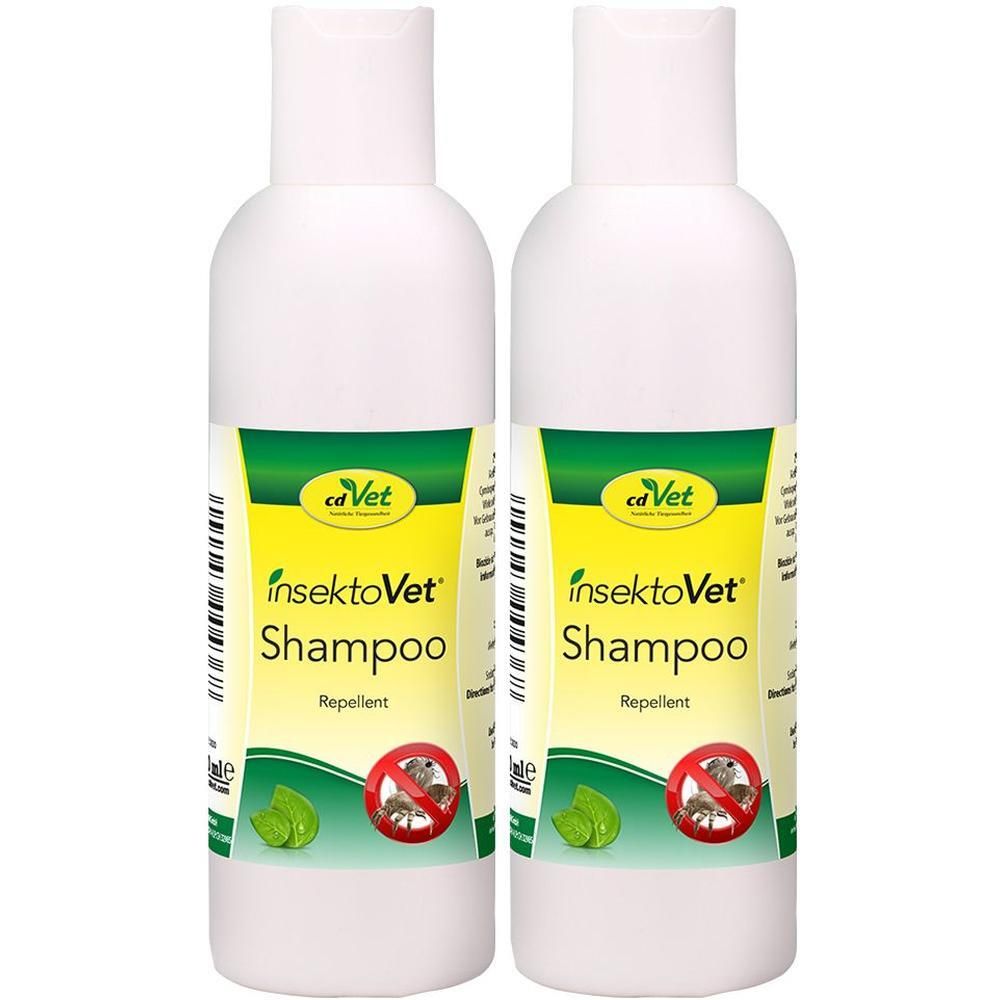 Zwei weiße Flaschen cd Vet insektoVet® Shampoo mit gelbem Etikett und grünen Blättern.